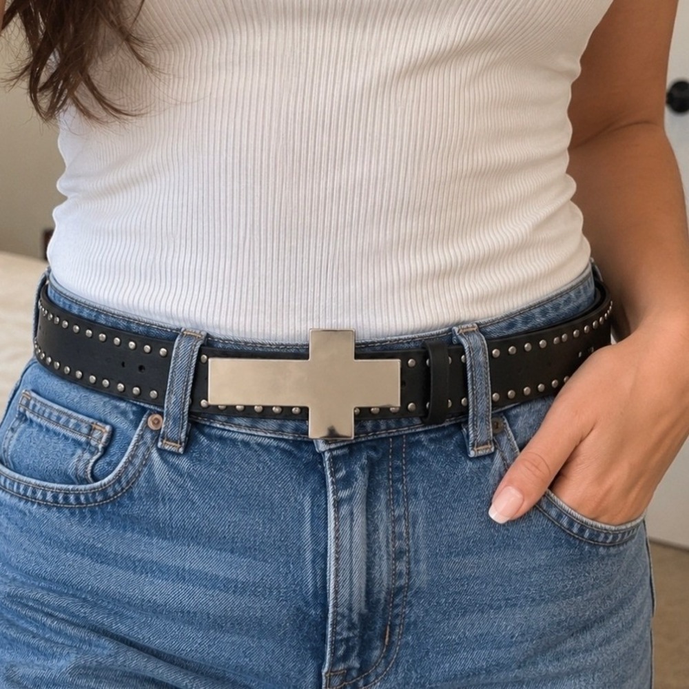 Black Studded Faux Leather Belt with Oversized Silver Cross Buckle 44 Inch